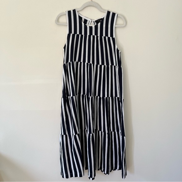 J.Crew Striped Tiered Relaxed Midi Cotton Tank Dress Navy Blue White - Picture 2 of 9
